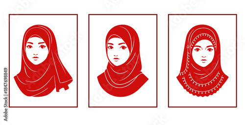 Stylized Hijab Portraits in Red and White with Varying Decorative Details