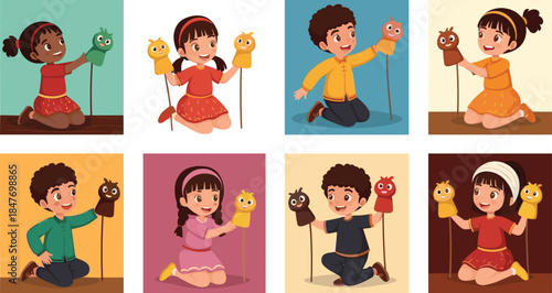 Multicultural Happy Children Playing Educational Puppet Show for Kids Activity, Preschool Entertainment, Creative Storytelling Development, and Childhood Fun, Isolated Cartoon Vector Art