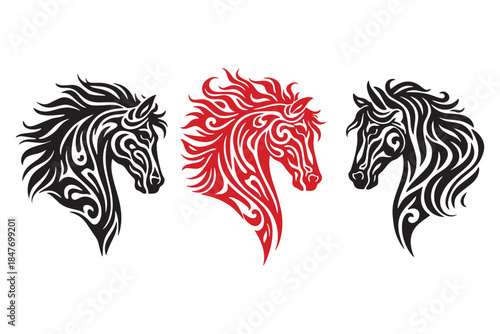 Set of three stylized horse head silhouettes with flowing manes in ornamental bold line art. Powerful, elegant equine symbols isolated on white background, suitable for logos, prints, and tattoos.