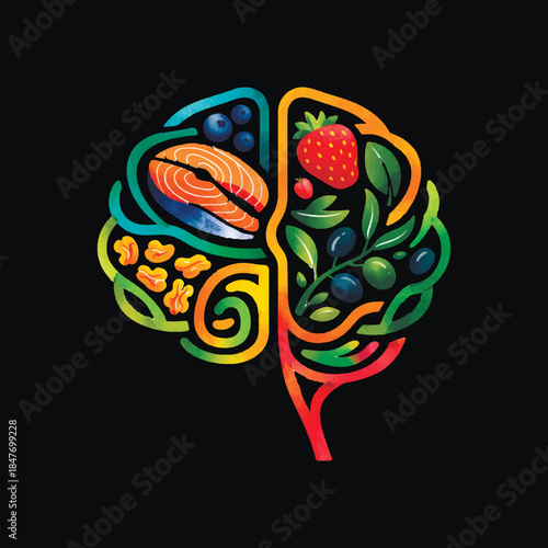 Colorful brain illustration made of healthy foods like fish, berries, nuts, and greens. Conceptual artwork symbolizing brain health, nutrition, balanced diet, and mindful eating on black background.