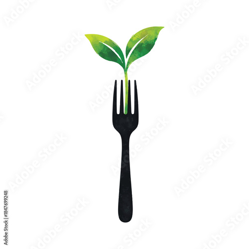 Minimalist illustration of a green sprout growing from a black fork. Conceptual artwork symbolizing sustainable food, plant-based diet, eco lifestyle, and conscious nutrition on white background.