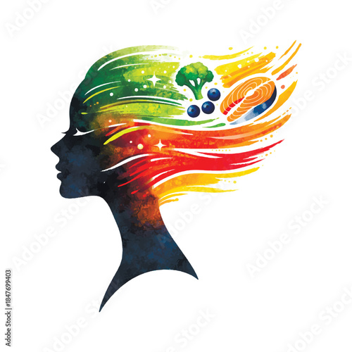 Conceptual human head silhouette filled with flowing colors and healthy foods like fish, broccoli, and berries. Modern watercolor illustration symbolizing brain nutrition, mental health, balance.