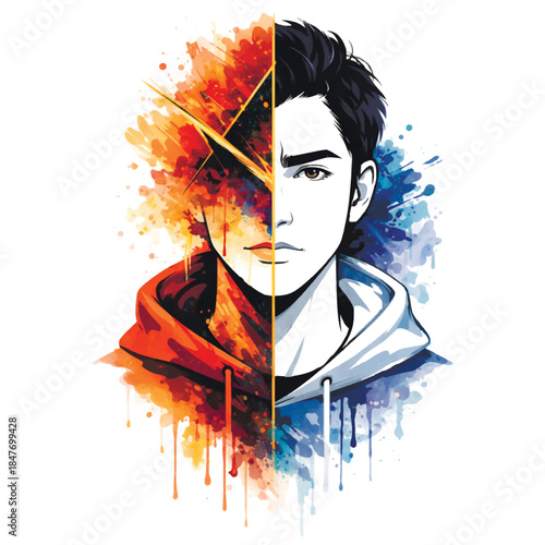Split portrait of a young man combining graphic line art and expressive watercolor splashes. Conceptual illustration symbolizing duality, inner conflict, balance of emotions.
