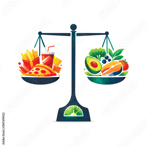 Conceptual illustration of a balance scale comparing fast food and healthy nutrition. Visual metaphor of diet choice, lifestyle balance and conscious eating, shown in modern watercolor style on white.