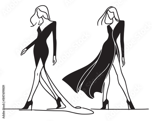 Girl in long black dress. Abstract Fashion sketch