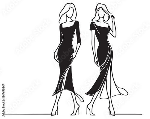 Girl in long black dress. Abstract Fashion sketch