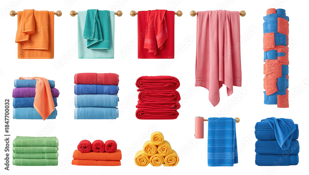 Naklejka premium Assorted colorful towels stacked folded hung on rods isolated on a transparent background stacked towels