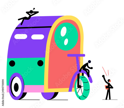 A flat style illustration showing electric tricycle