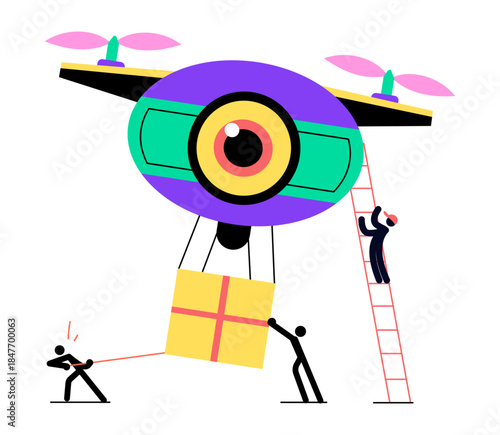 A flat style illustration representing drone delivery