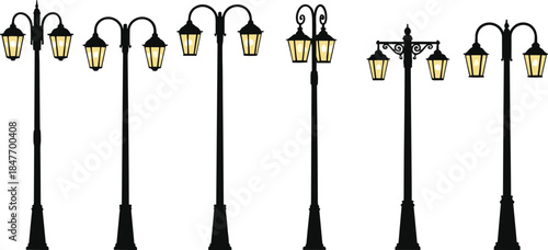 Elegant vintage street lamp post illustration collection glowing in night style for urban lighting design, city architecture, outdoor decorative artwork