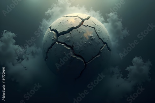 Cracked Earth Sphere Amidst Misty Clouds