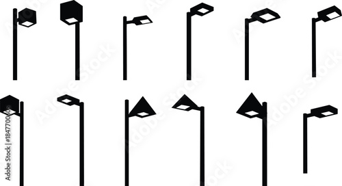 Modern street light silhouette collection, minimal urban lamp post designs, contemporary outdoor lighting vector set for city infrastructure and graphic illustration use