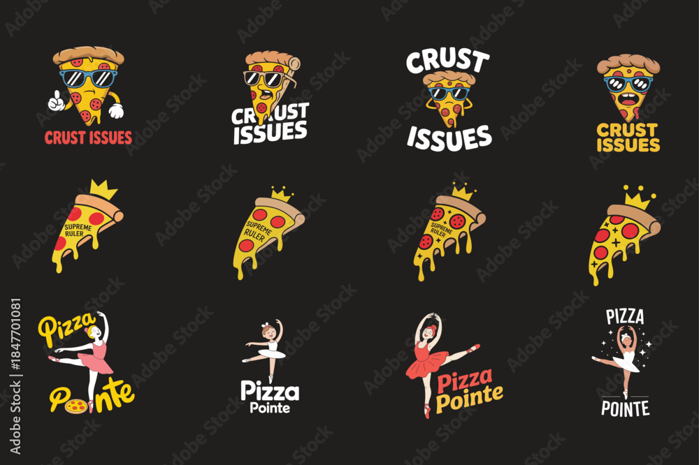 Fototapeta premium Pizza slice illustrations with sunglasses, crowns and ballet themes cool stylish