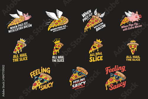 Funny pizza slice and flying pig illustrations with text wings