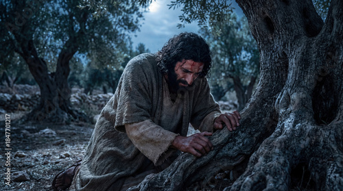 Biblical scene of Jesus Christ praying in agony in the Garden of Gethsemane at night. The Messiah kneels by an ancient olive tree with sweat and blood on his brow before the crucifixion.