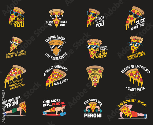 Pizza slice illustrations with humorous phrases and activities meet sharp