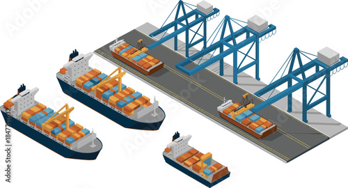 Isometric port logistics illustration with cargo ships and container cranes, maritime shipping transportation and global supply chain concept