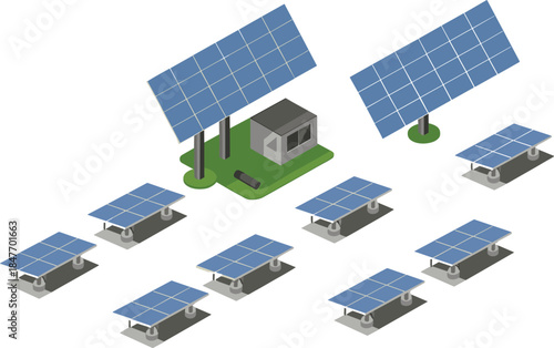 Isometric solar power station with photovoltaic panels and energy tower, renewable electricity generation and sustainable technology illustration