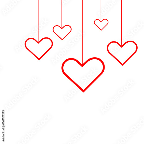 Red hanging hearts on isolated transparent background for Valentine's day cad, poster design 