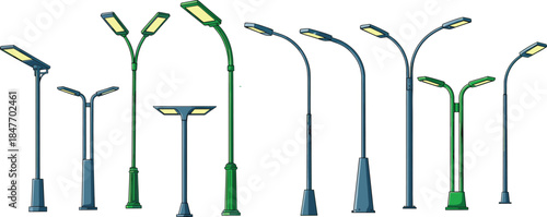 Modern Curved Street Lamp Vector Collection, Contemporary Sleek Colored Silhouettes with LED Light, Urban Park and Roadway Illumination Design Elements Set.
