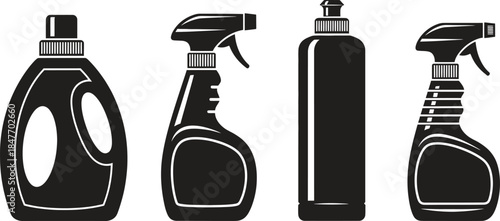 Set of diverse black silhouette household cleaning product bottles and sprayers for home hygiene tasks vector illustration