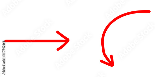 Hand drawn red arrow set on transparent background, Straight and curved direction arrows