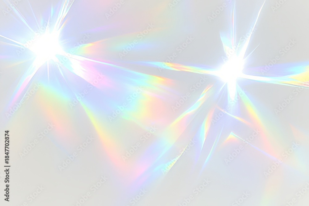 Fototapeta premium Minimal abstract background with soft iridescent light flares and subtle rainbow reflections on a white surface. Gentle, dreamy lighting and smooth gradients create an airy, ethereal, and elegant atmo