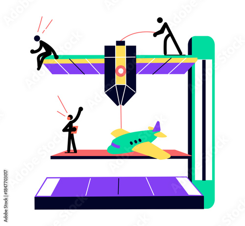 A flat style illustration depicting additive manufacturing