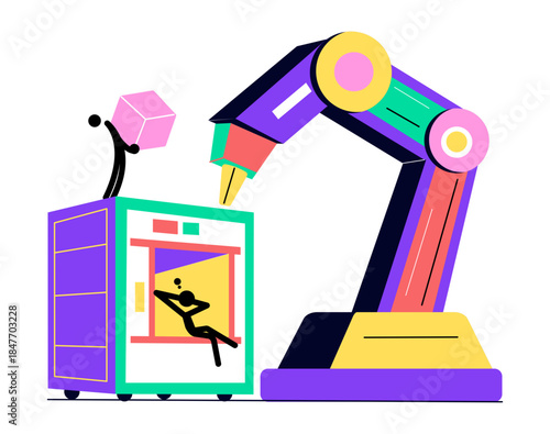 A flat style illustration showing robotic automation