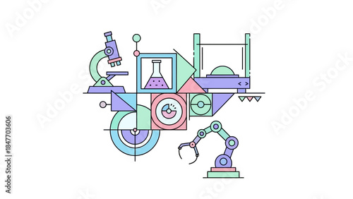 Minimalist Illustration of Laboratory Equipment and Robotic Arm with Scientific Vessels