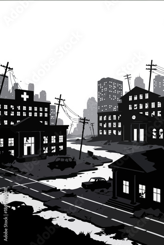 Post Disaster Urban Neighborhood with Damaged Buildings, Hospital and Flooded Street, Black and White City Illustration
