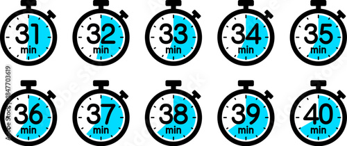 時間を示すストップウォッチのアイコン（stopwatch icon　31min/32min/33min/34min/35min/36min/37min/38min/39min/40min）
