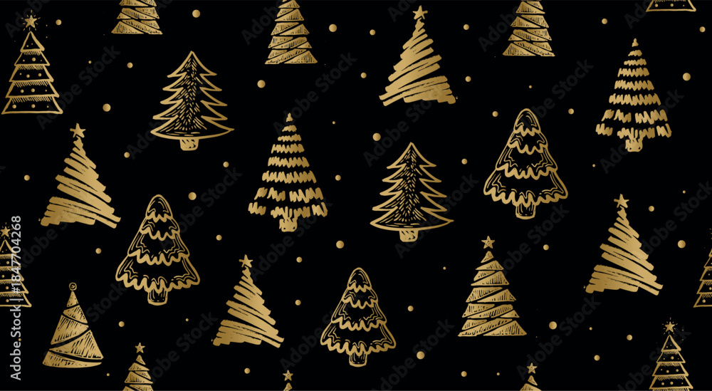 Naklejka premium Christmas gold tree pattern on black hand drawn illustrations.