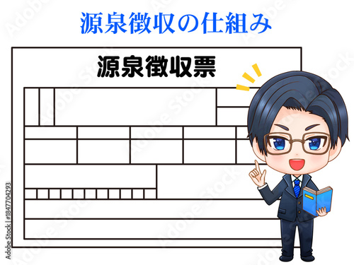 源泉徴収票の説明をするちびキャラ会社員のイラスト素材