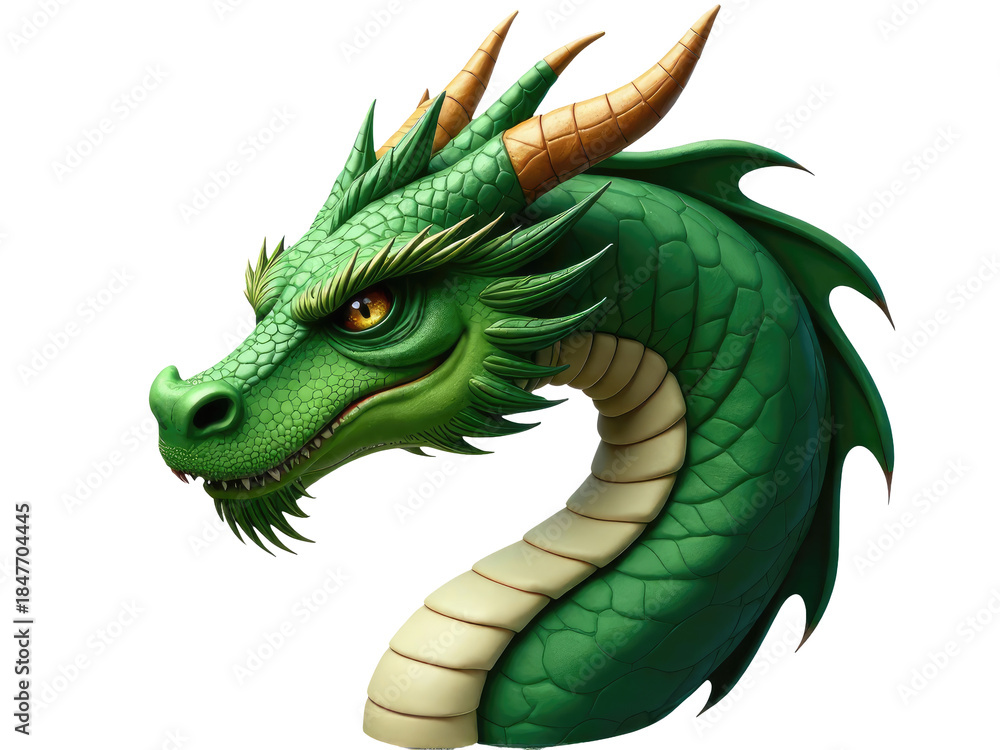 Obraz premium A detailed view of a green dragon's face with scales and fiery breath.transparent background