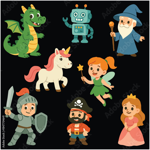 Cute Fantasy Cartoon Characters Vector Collection on Black Background