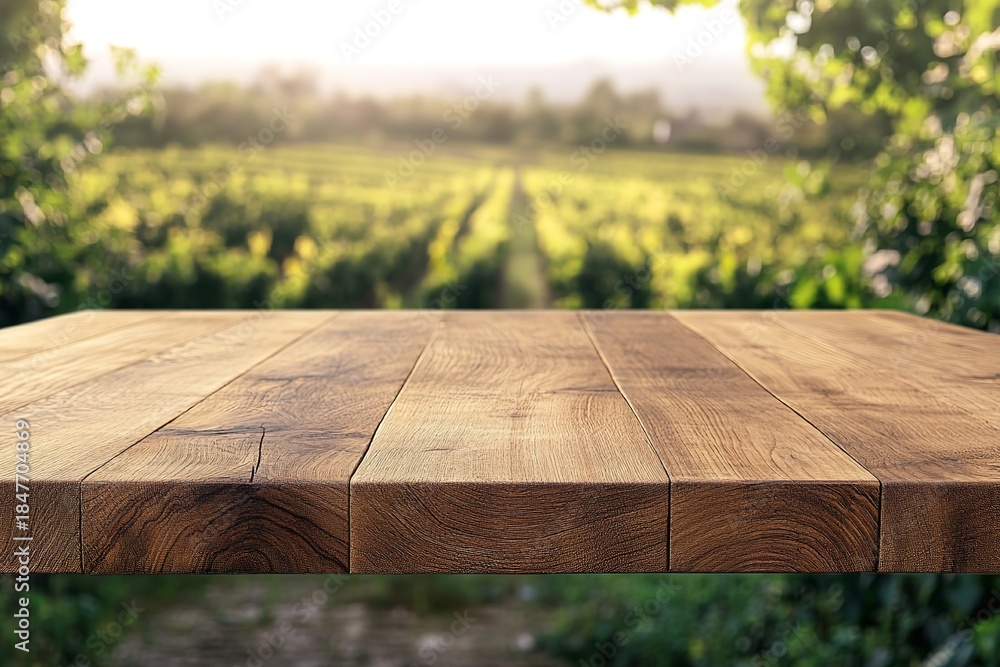 Naklejka premium Rustic Wooden Tabletop with Lush Green Vineyard Landscape Background for Product Display or Outdoor Setting