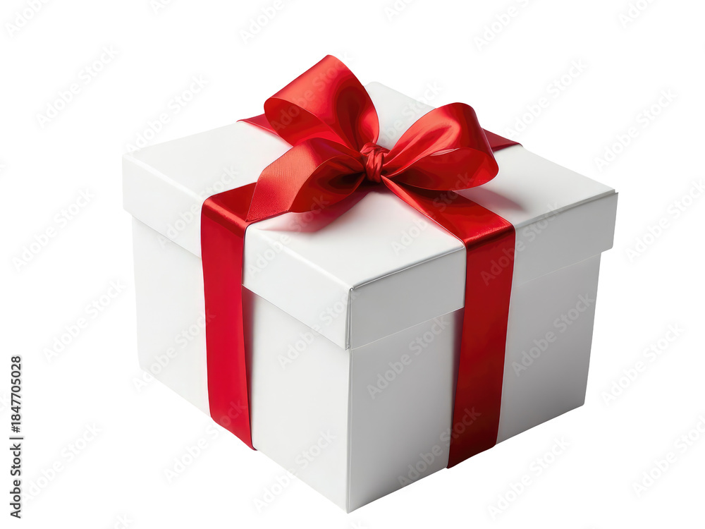 Fototapeta premium A beautifully wrapped gift in a white box tied with a bright red ribbon, perfect for special occasions.transparent background