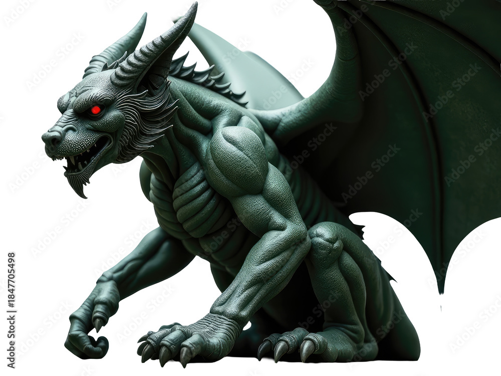 Fototapeta premium A detailed view of a dragon statue with intricate features and scales, suitable for fantasy or mythology-themed designs.transparent background