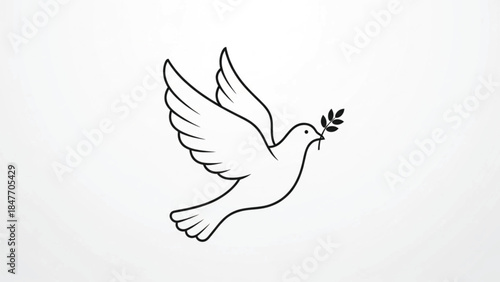 A minimalist black line art illustration of a flying dove carrying an olive branch. This simple vector-style sketch represents peace, hope, freedom, and purity. Isolated on a clean white background.