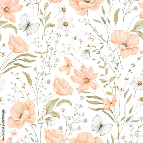 Billede på lærred Watercolor seamless pattern with delicate poppies coral color, cosmos flowers, small white wildflowers and flying butterflies