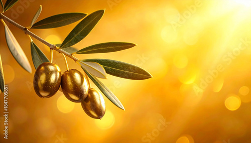Wallpaper Mural Close-up of a ripe olive hanging from an olive branch, illuminated by warm golden sunlight with a soft blurred background. Premium olive oil production for food branding, organic products, copy space. Torontodigital.ca