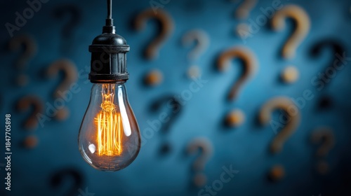Illuminated Light Bulb Against Blue Background with Question Marks