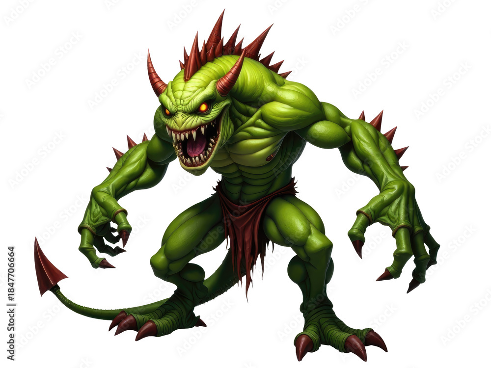 Fototapeta premium A creature with green skin and red spikes on its head, featuring sharp teeth.transparent background