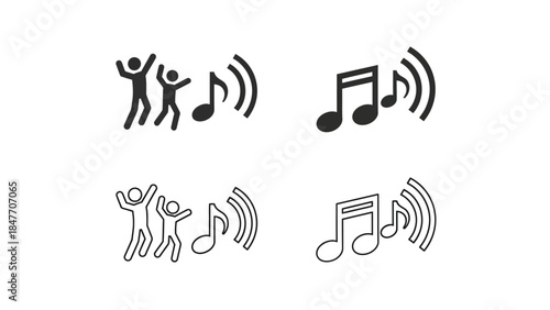 Music and dancing icons set in solid and outline styles
