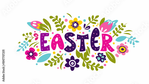 Vibrant Easter decoration with colorful flowers and eggs