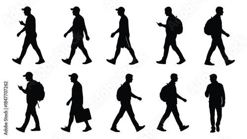 Collection of ten male walking silhouette icons
