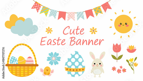 Cute Easter banner with eggs, bunny, flowers and sunshine