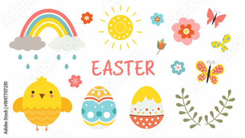 Vibrant Easter celebration with colorful eggs and chick