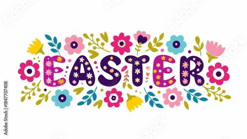 Vibrant Easter decoration with colorful flowers and leaves